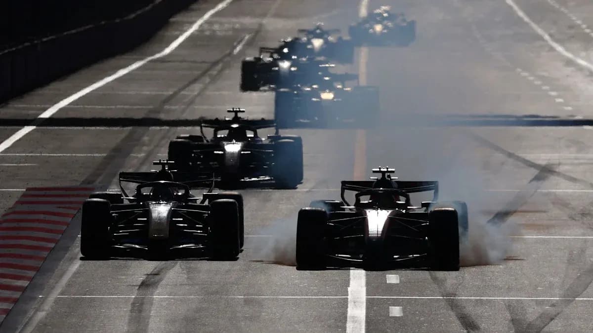 Voitures de Formule 1 sur la piste avec de la fumée Voitures de Formule 1 sur la piste avec de la fumée