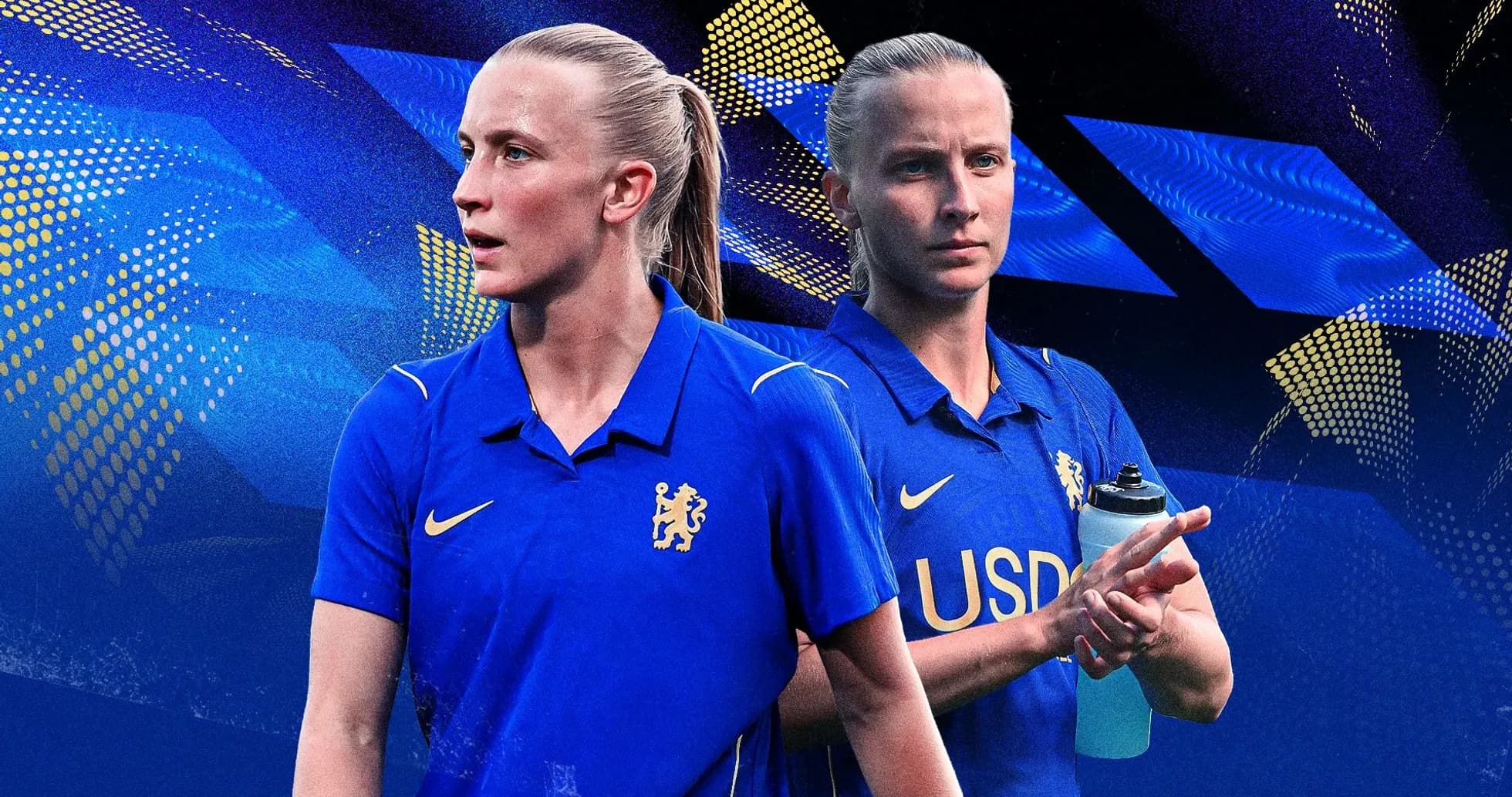 Joueuse en maillot bleu de Chelsea sur fond graphique Joueuse en maillot bleu de Chelsea sur fond graphique