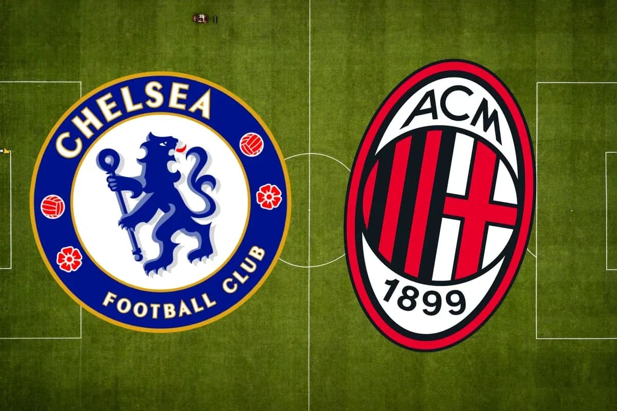 Logos de Chelsea et AC Milan sur terrain de football Logos de Chelsea et AC Milan sur terrain de football