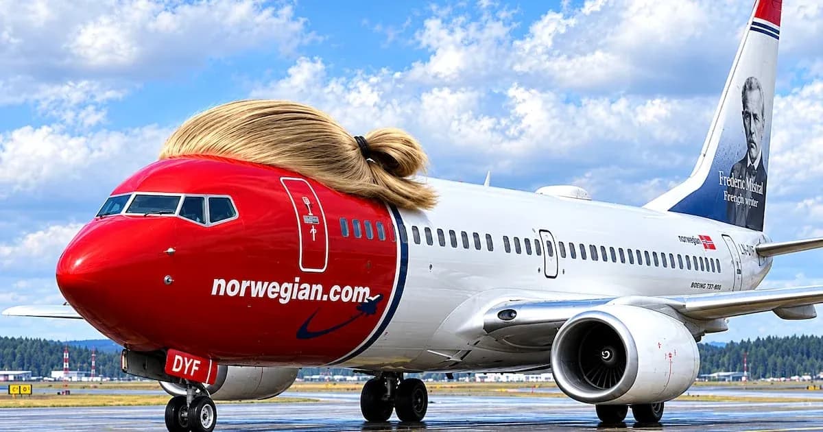Avion Norwegian avec une coiffure humoristique Avion Norwegian avec une coiffure humoristique