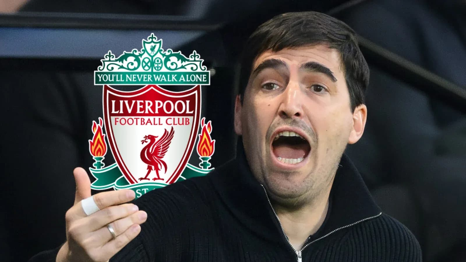 Homme exprimant des instructions avec le logo Liverpool en arrière-plan Homme exprimant des instructions avec le logo Liverpool en arrière-plan
