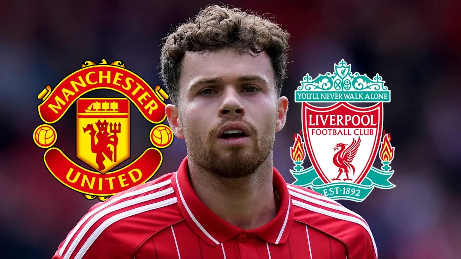 Joueur en maillot rouge avec logos de Manchester United et Liverpool Joueur en maillot rouge avec logos de Manchester United et Liverpool