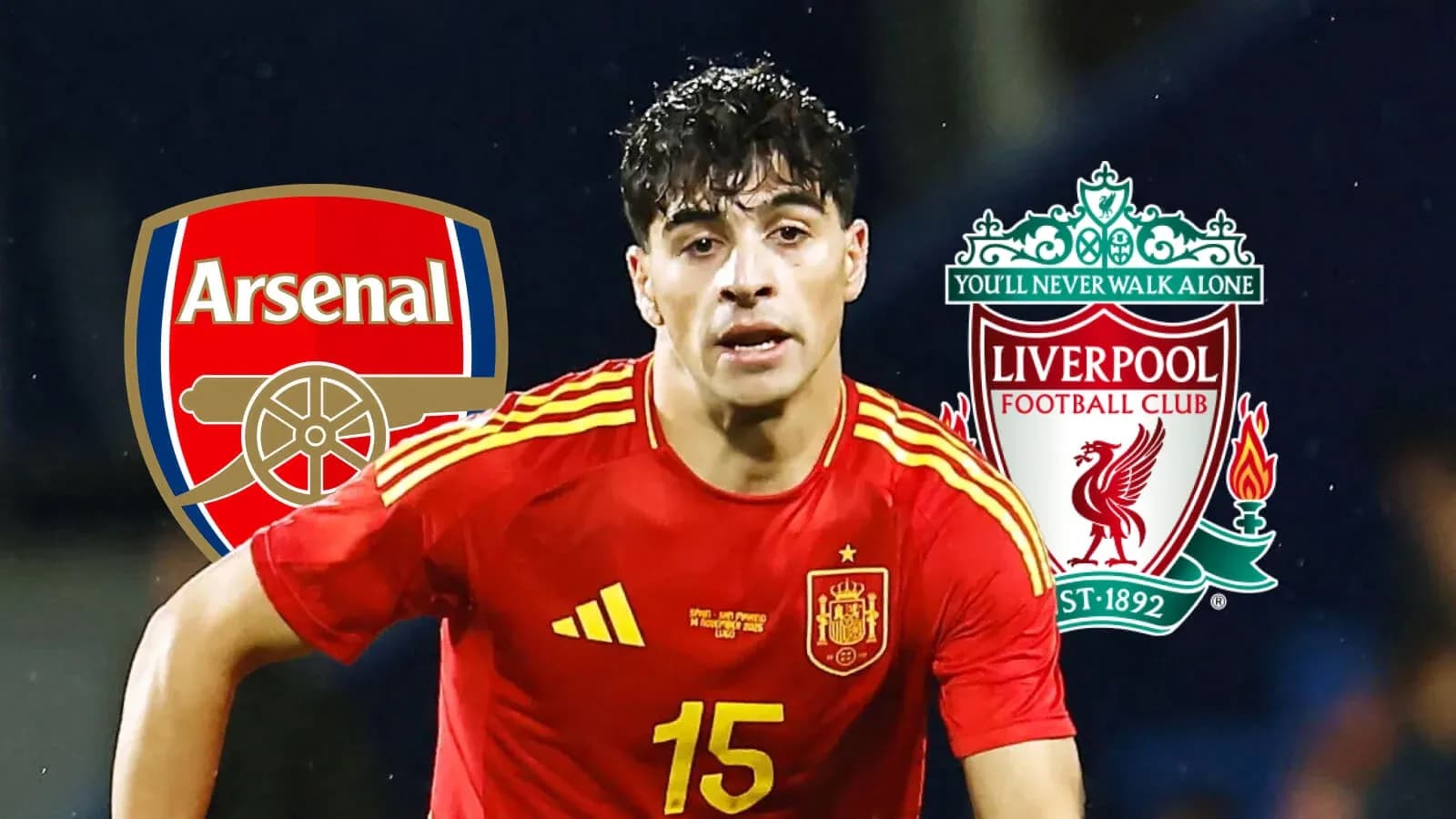 Joueur espagnol en maillot rouge avec logos d'Arsenal et Liverpool Joueur espagnol en maillot rouge avec logos d'Arsenal et Liverpool