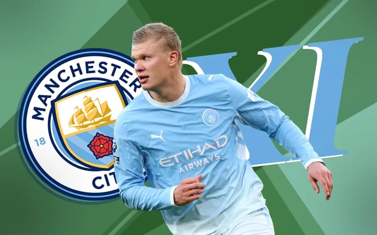 Joueur de Manchester City en action sur fond de logo Joueur de Manchester City en action sur fond de logo
