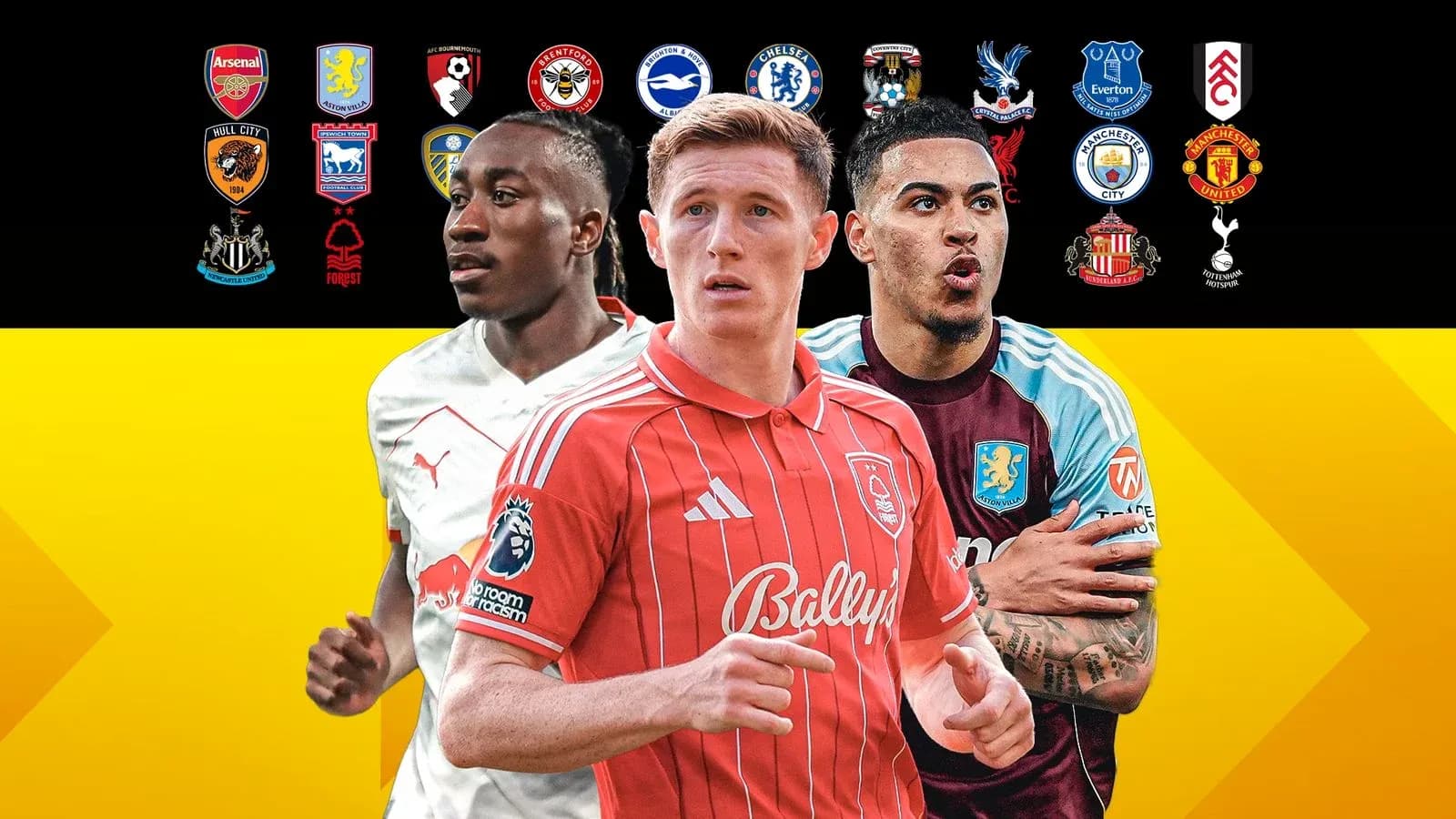 Trois joueurs de football avec logos d'équipes en arrière-plan Trois joueurs de football avec logos d'équipes en arrière-plan