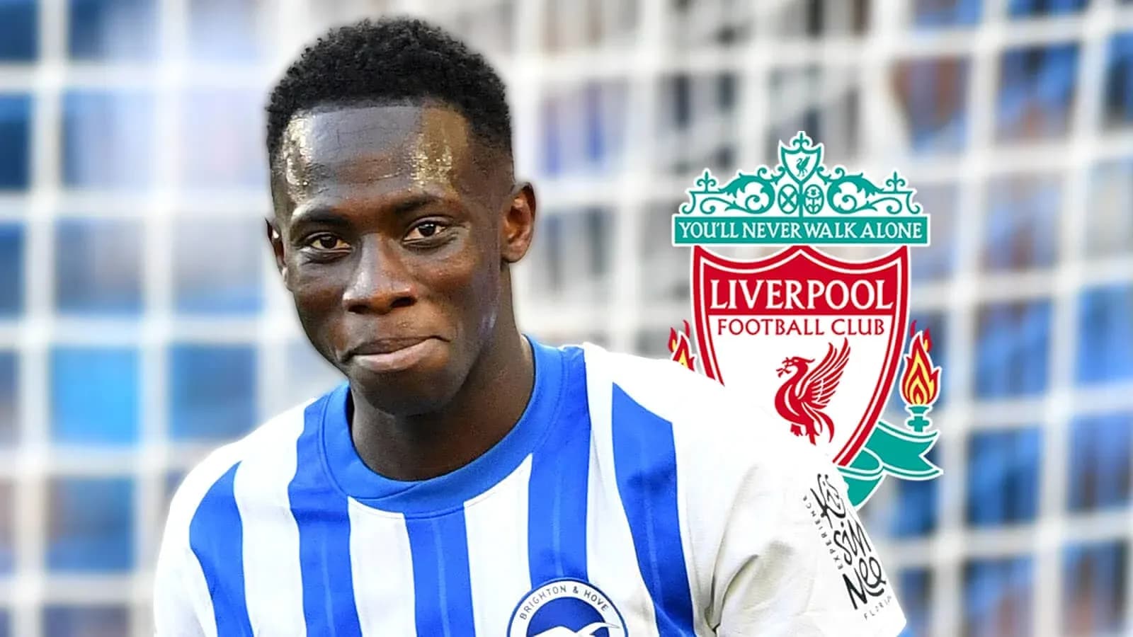 Joueur de Brighton avec logo de Liverpool en arrière-plan Joueur de Brighton avec logo de Liverpool en arrière-plan