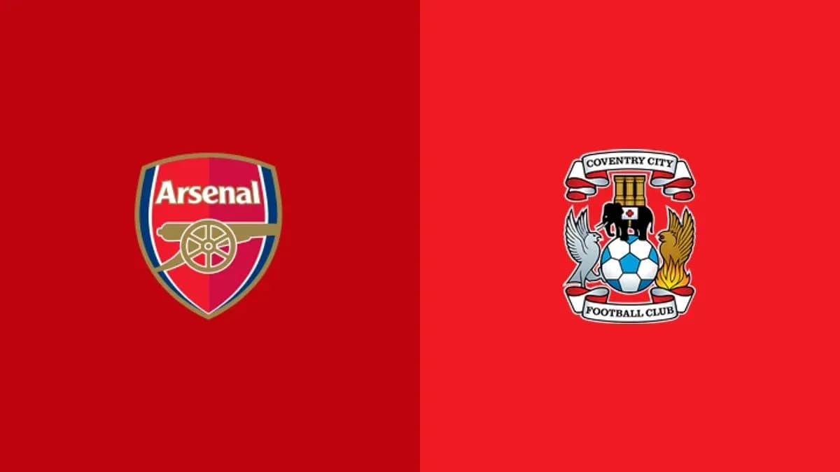 Logos d'Arsenal et de Coventry City sur fond rouge Logos d'Arsenal et de Coventry City sur fond rouge
