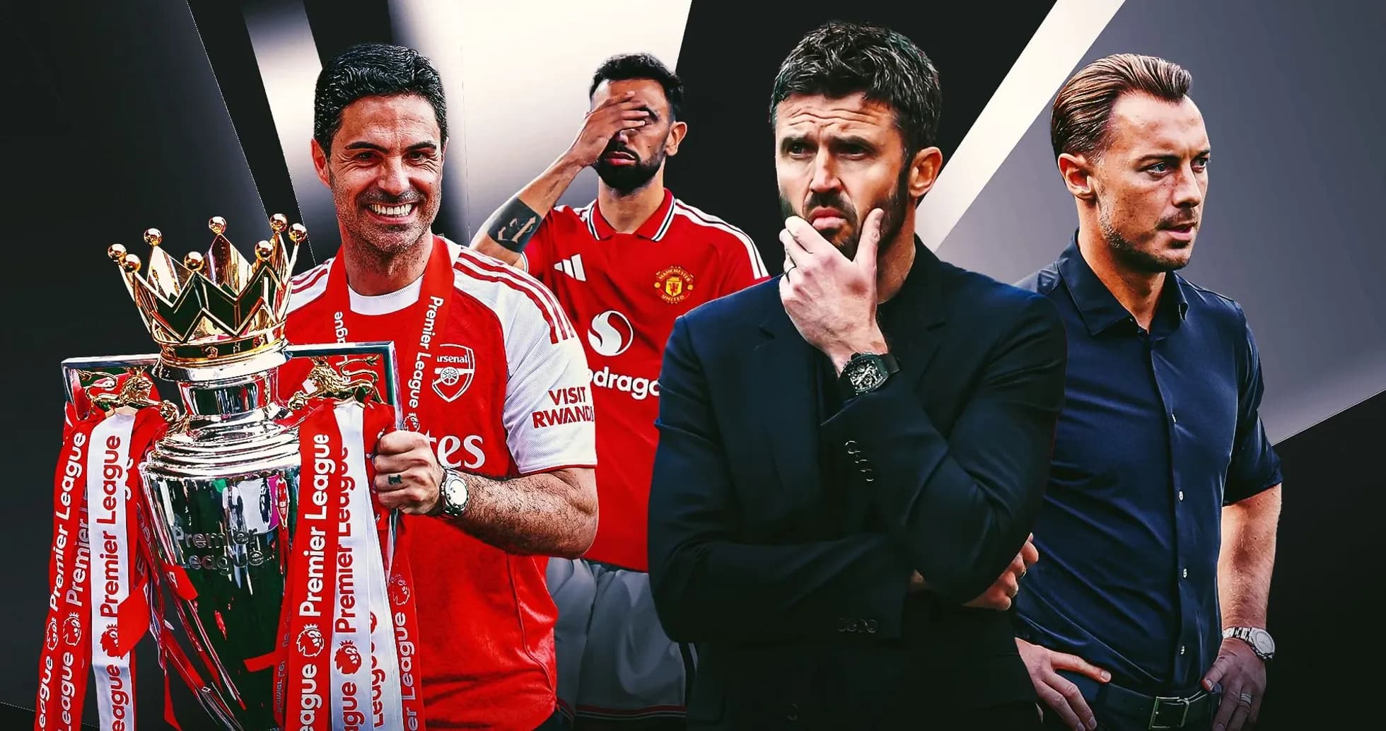 Quatre entraîneurs de football avec un trophée de la Premier League Quatre entraîneurs de football avec un trophée de la Premier League
