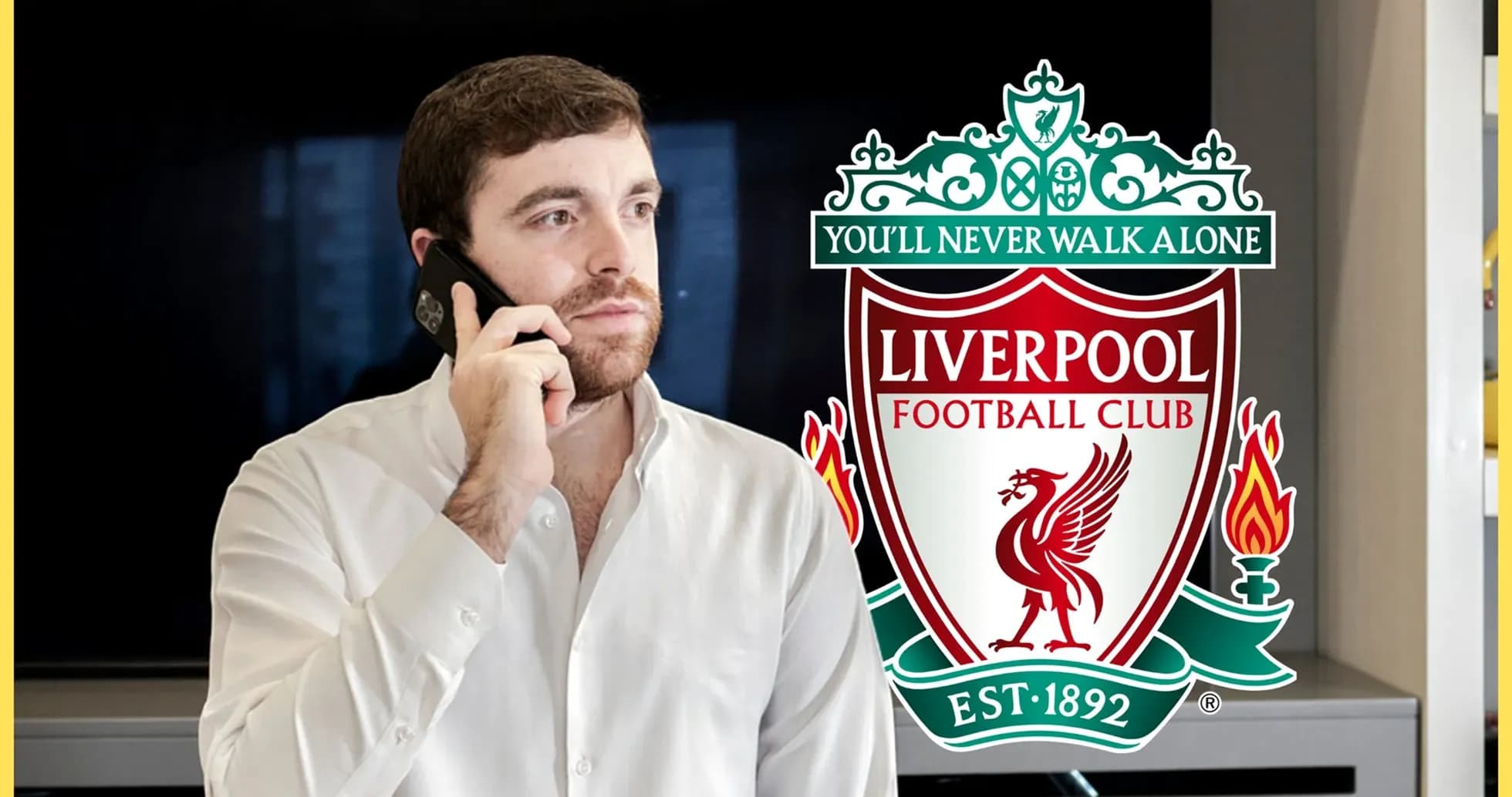 Homme au téléphone avec le logo de Liverpool en arrière-plan Homme au téléphone avec le logo de Liverpool en arrière-plan