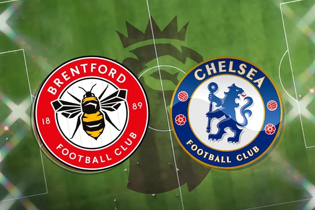 Logos de Brentford et Chelsea sur terrain de football Logos de Brentford et Chelsea sur terrain de football