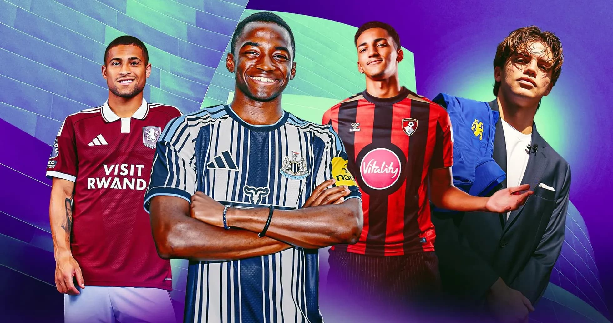 Quatre joueurs de football en maillots d'équipe Quatre joueurs de football en maillots d'équipe