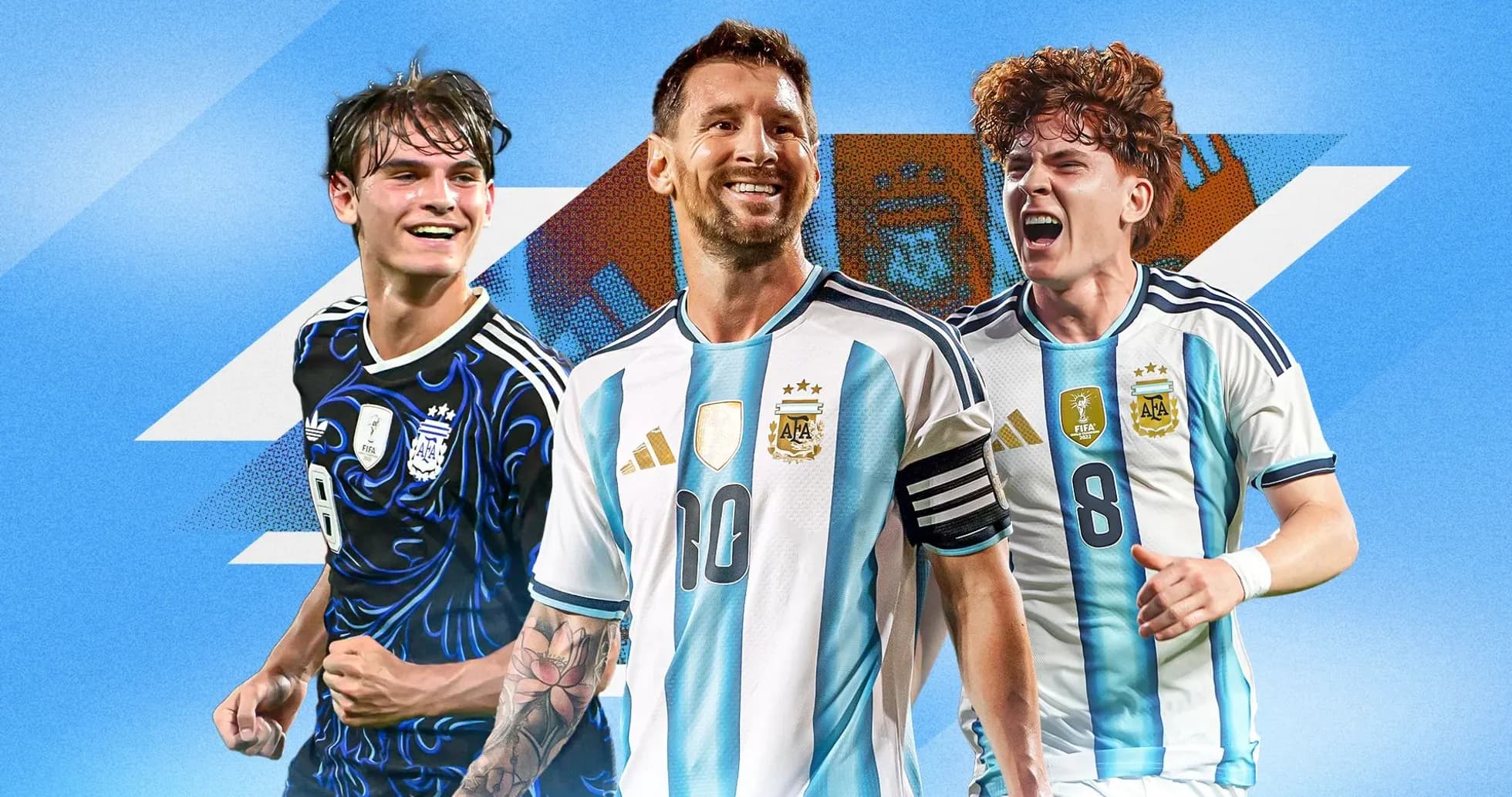 Trois joueurs argentins en maillots de football Trois joueurs argentins en maillots de football