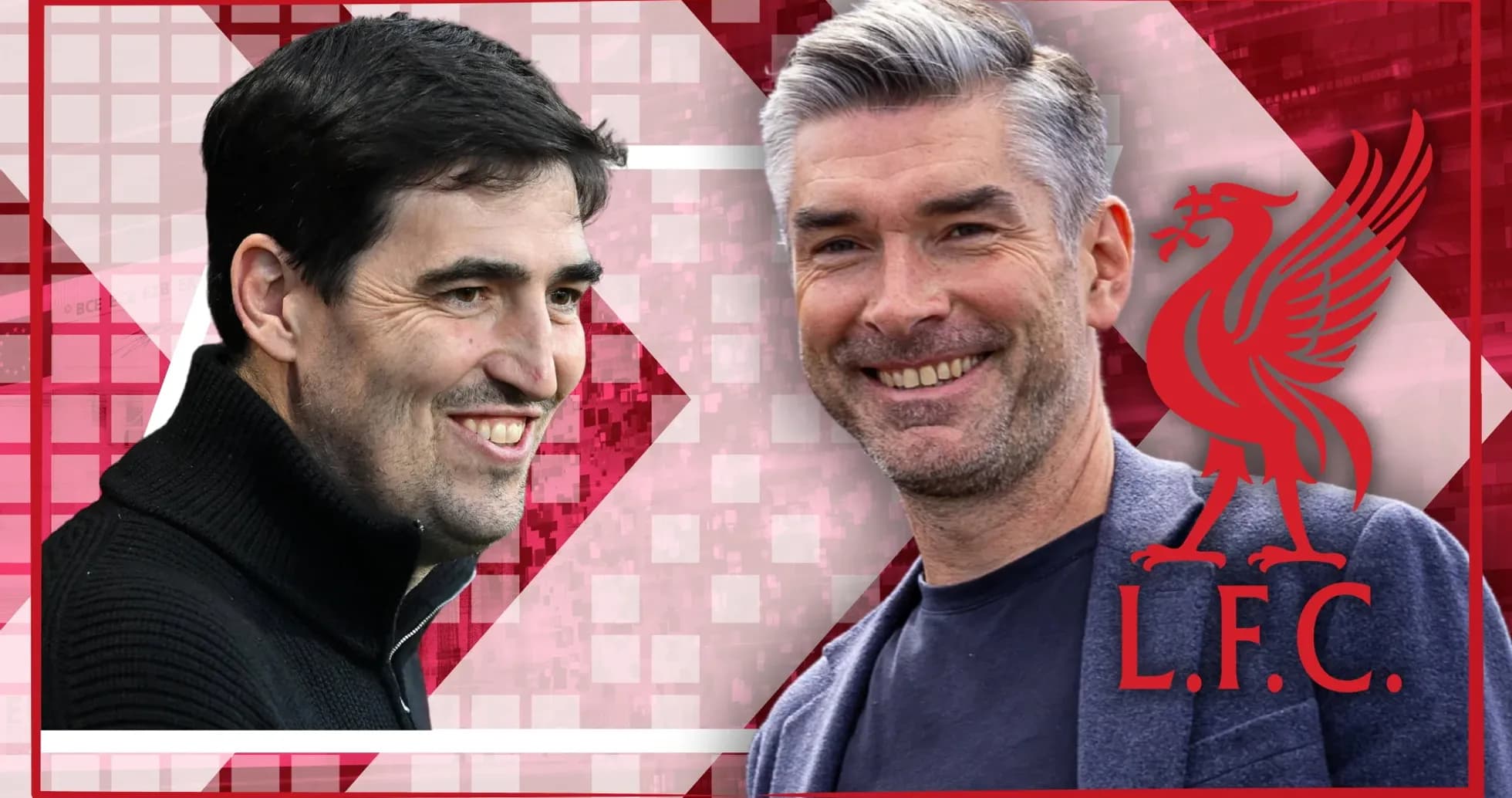 Deux entraîneurs souriant avec logo Liverpool en arrière-plan Deux entraîneurs souriant avec logo Liverpool en arrière-plan