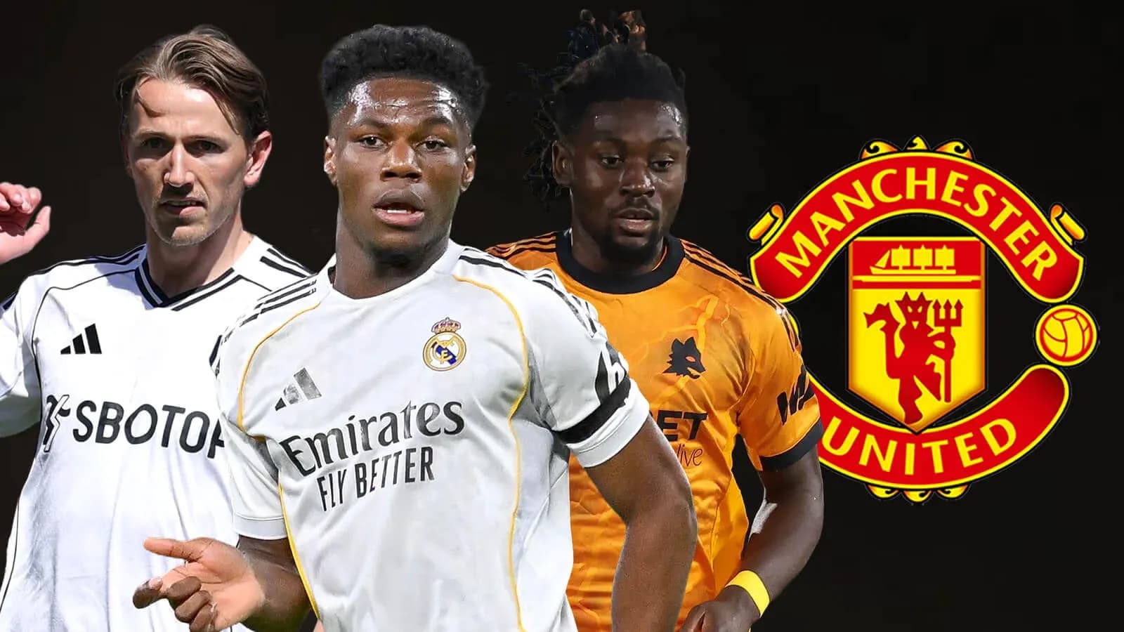 Trois joueurs de football avec logo Manchester United Trois joueurs de football avec logo Manchester United