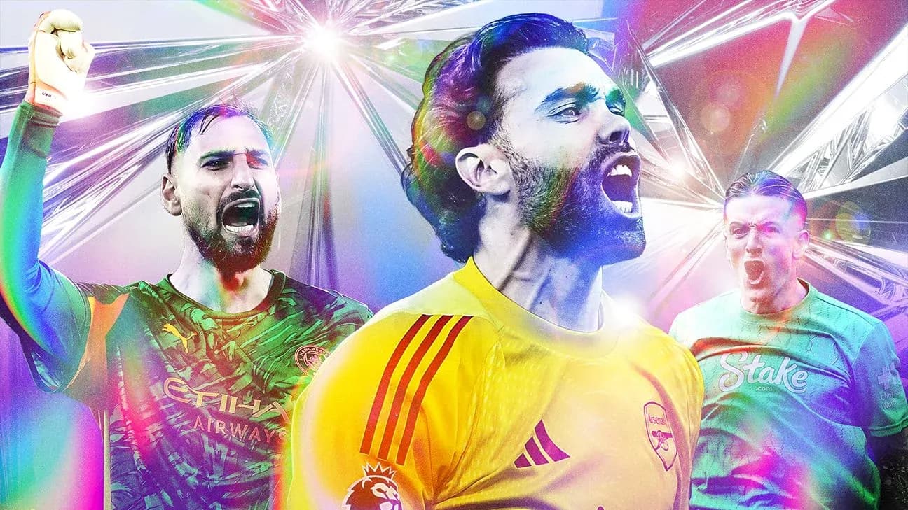 Trois gardiens de but célébrant dans des maillots différents Trois gardiens de but célébrant dans des maillots différents