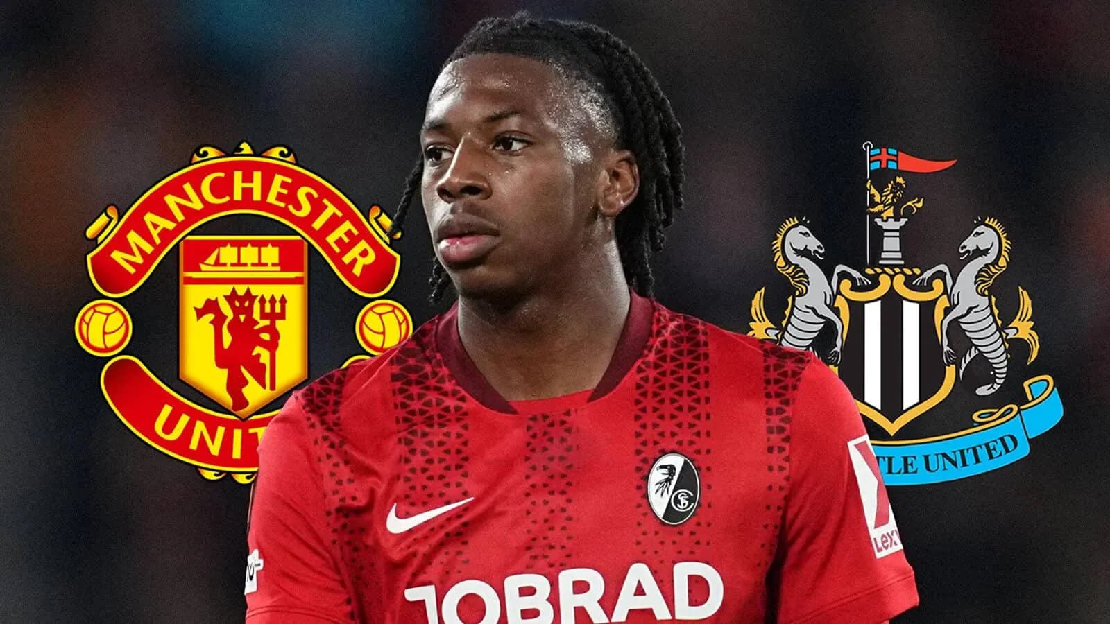 Joueur de football avec logos de Manchester United et Newcastle Joueur de football avec logos de Manchester United et Newcastle
