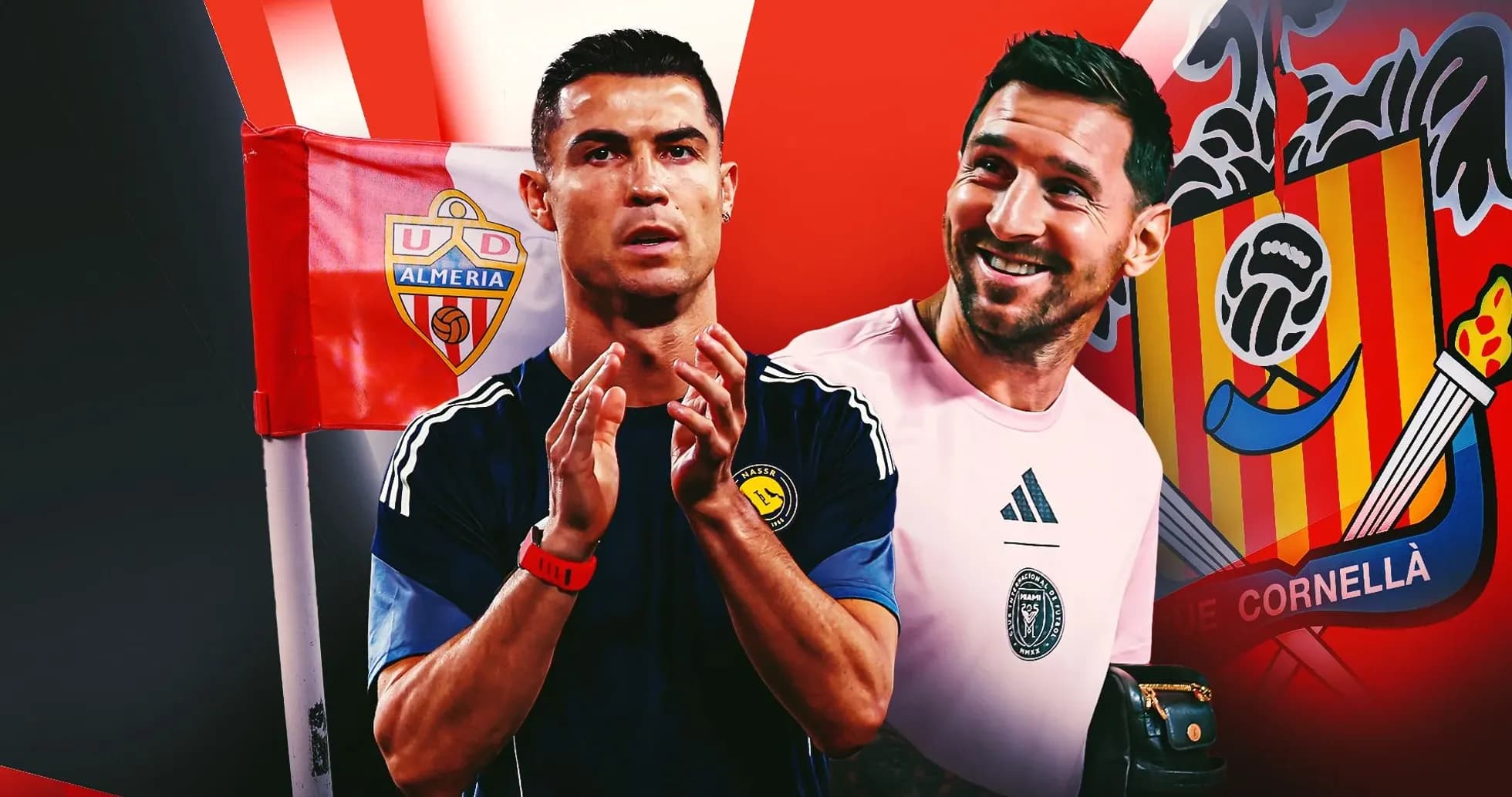 Crisiano Ronaldo et un gardien près des drapeaux Crisiano Ronaldo et un gardien près des drapeaux