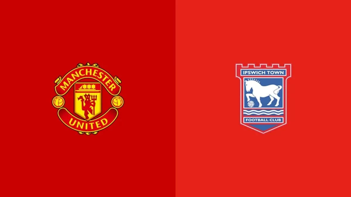 Logos de Manchester United et Ipswich Town sur fond rouge Logos de Manchester United et Ipswich Town sur fond rouge