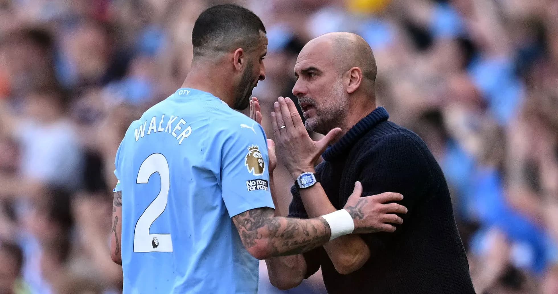 Pep Guardiola discussing strategy with Kyle Walker Pep Guardiola discussing strategy with Kyle Walker