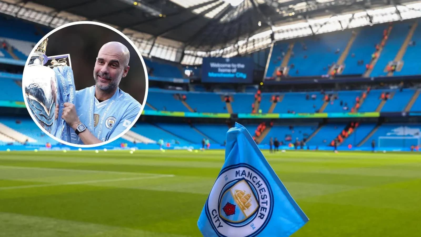 Stade de Manchester City avec drapeau et trophée Stade de Manchester City avec drapeau et trophée