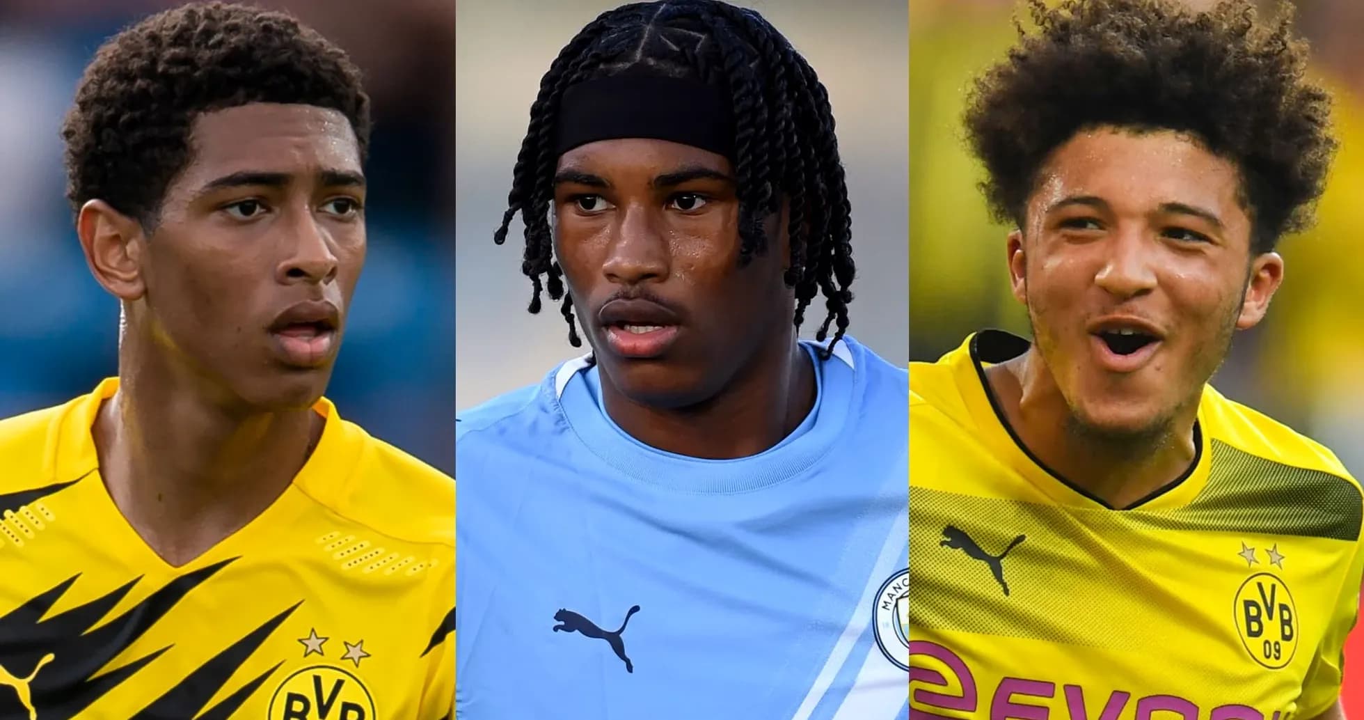 Trois joueurs de football en maillots d'équipe Trois joueurs de football en maillots d'équipe