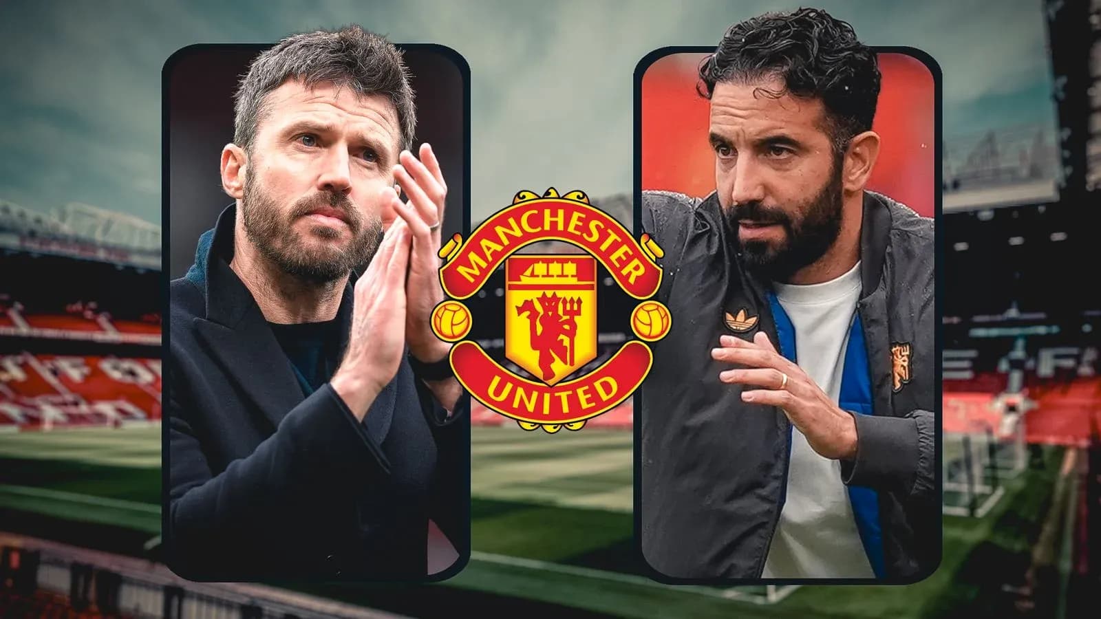 Deux entraîneurs devant le logo de Manchester United Deux entraîneurs devant le logo de Manchester United