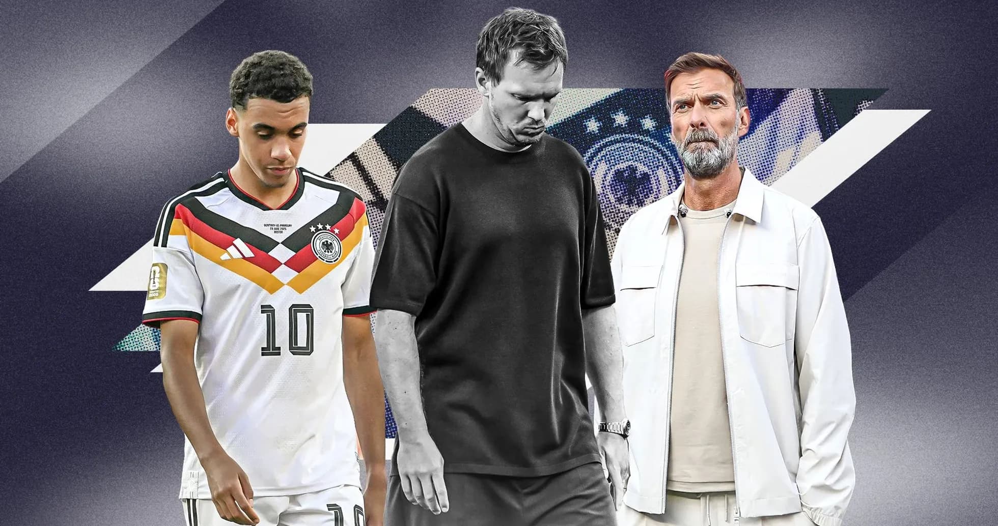 Trois hommes en tenue de football et décontractée Trois hommes en tenue de football et décontractée