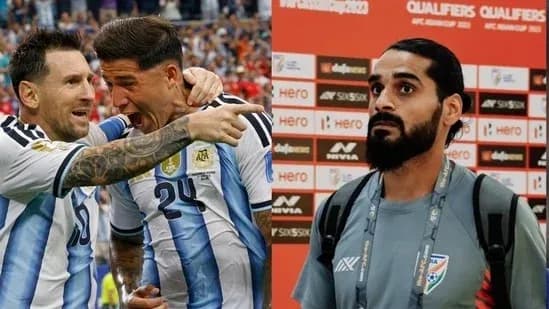 Joueurs argentins célébrant un but et un joueur en conférence Joueurs argentins célébrant un but et un joueur en conférence