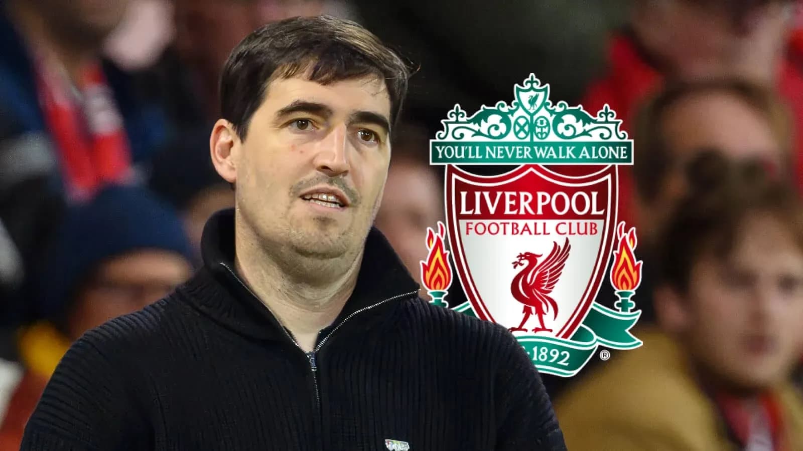 Homme observant le match avec logo de Liverpool en arrière-plan Homme observant le match avec logo de Liverpool en arrière-plan