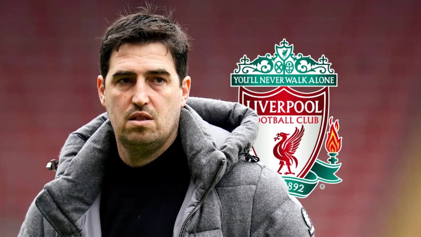 Person in a coat with Liverpool FC logo background Person in a coat with Liverpool FC logo background