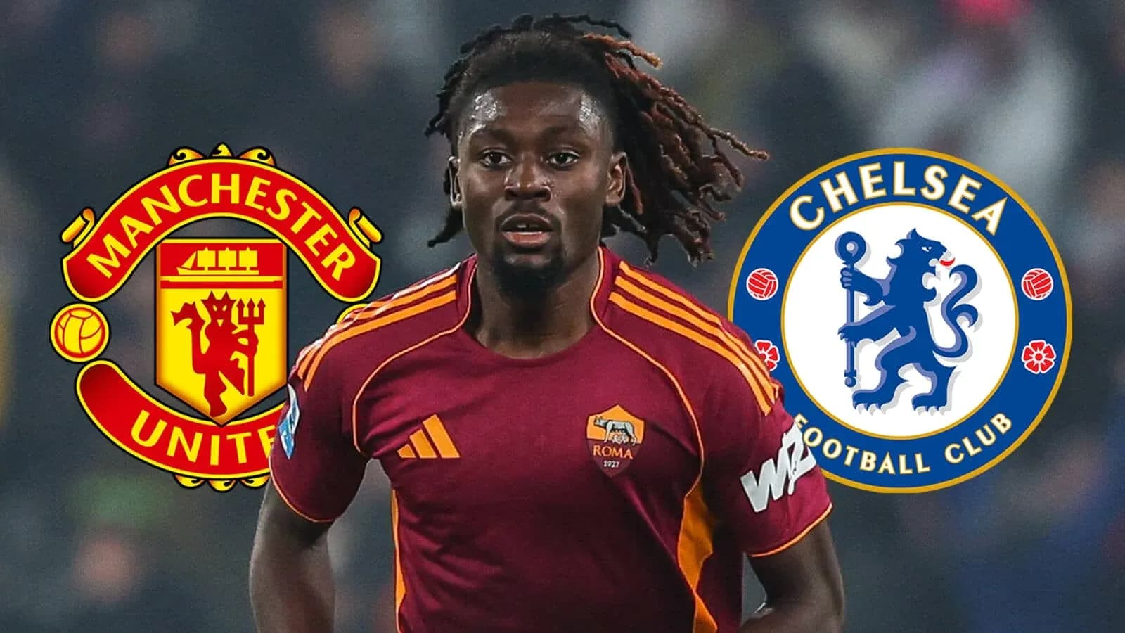 Joueur de l'AS Rome avec logos de Manchester United et Chelsea Joueur de l'AS Rome avec logos de Manchester United et Chelsea