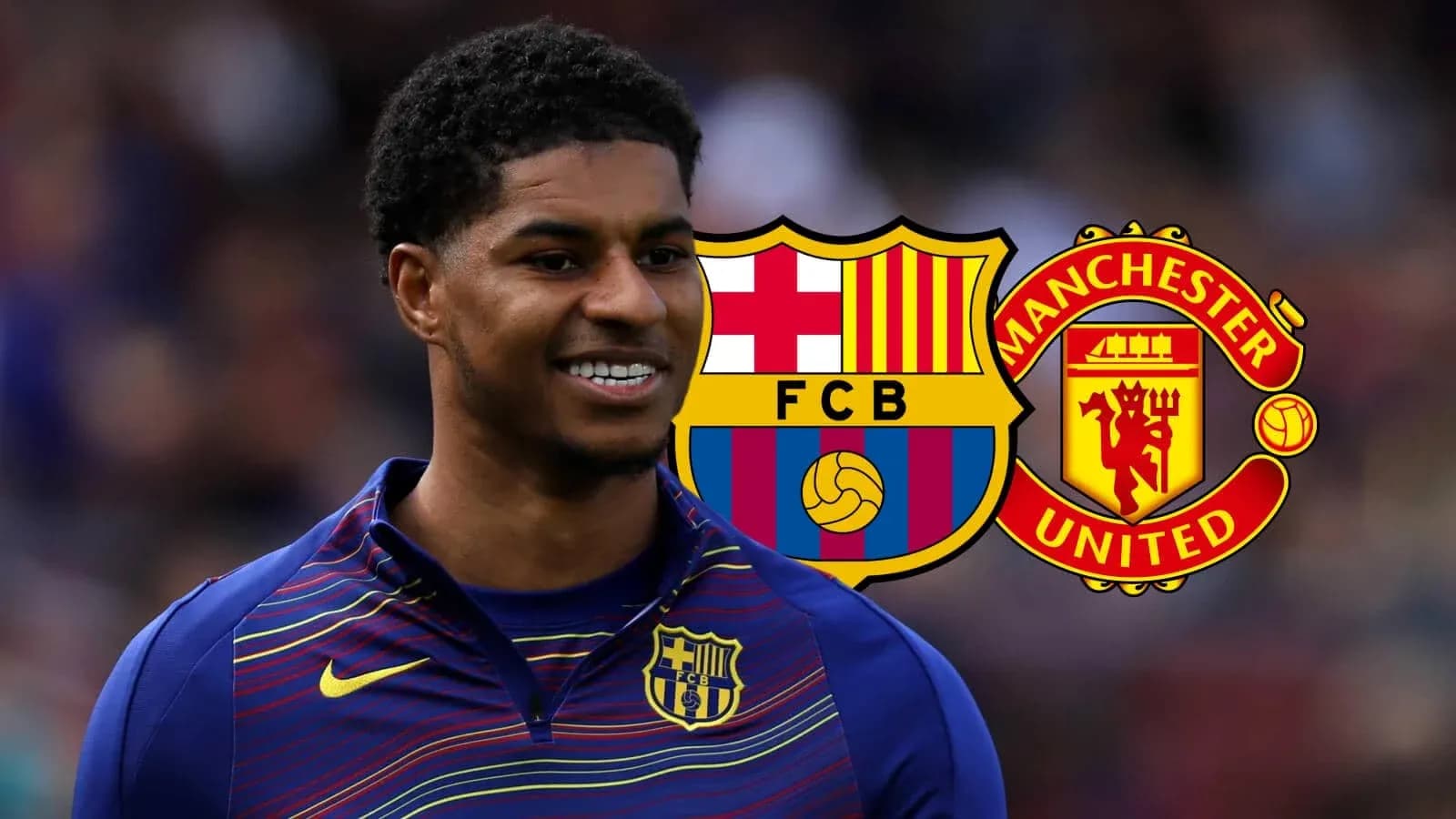 Joueur souriant avec logos de Barcelone et Manchester United Joueur souriant avec logos de Barcelone et Manchester United