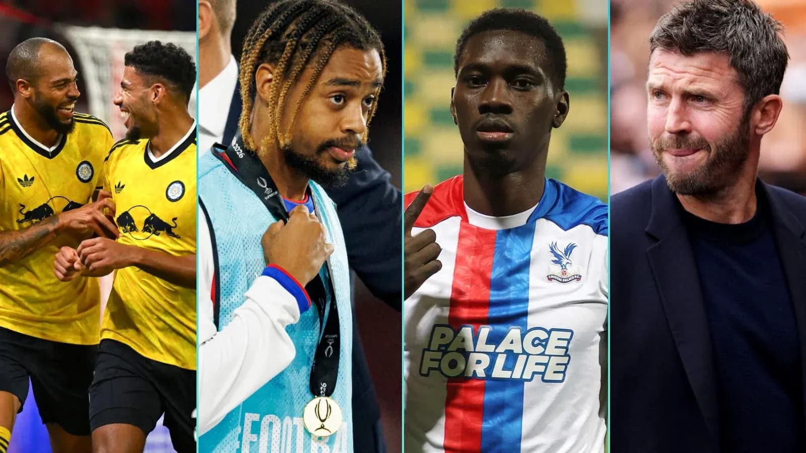 Quatre personnes associées au football sur fond coloré Quatre personnes associées au football sur fond coloré