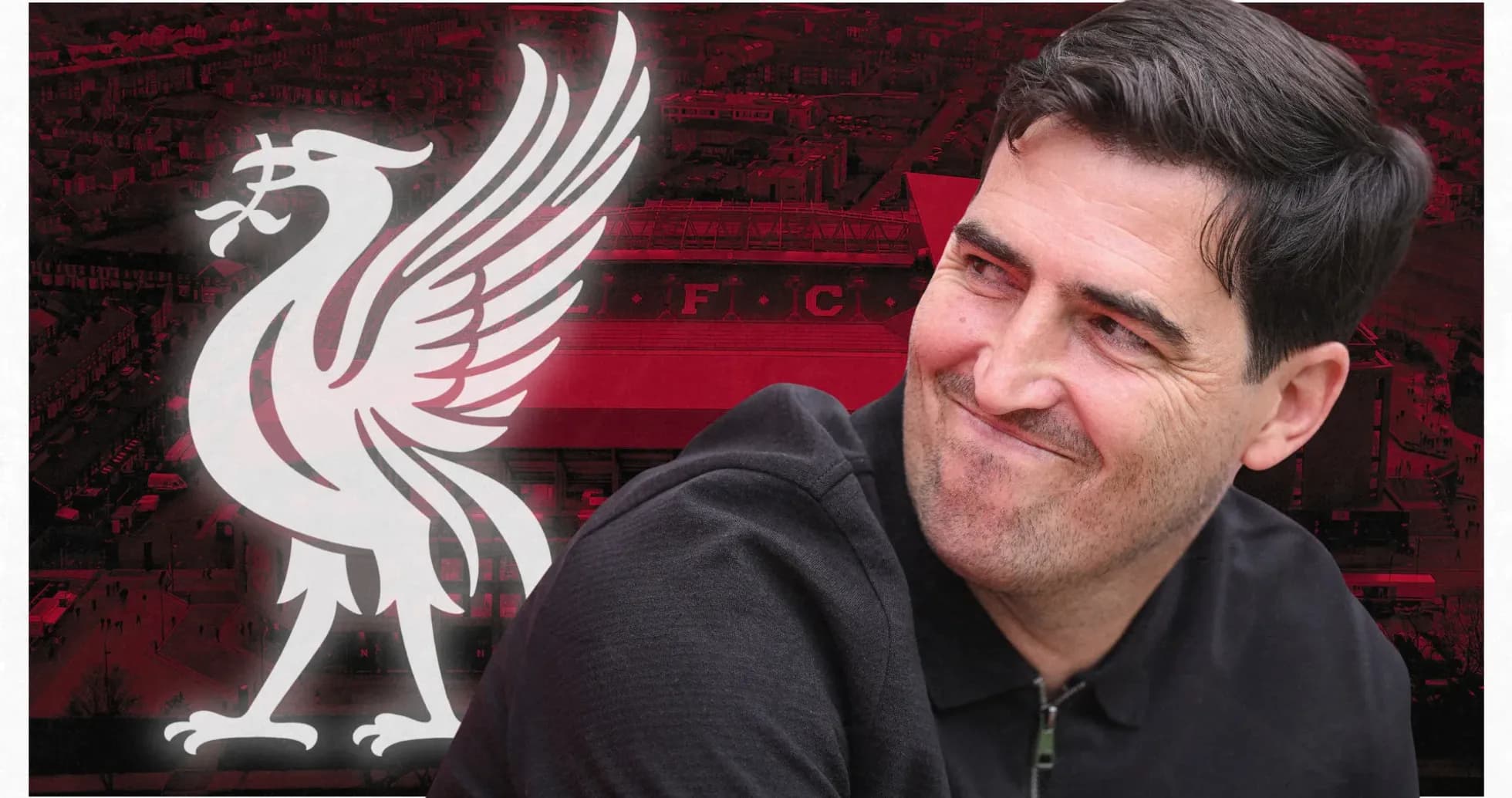 Homme souriant devant le logo de Liverpool FC Homme souriant devant le logo de Liverpool FC