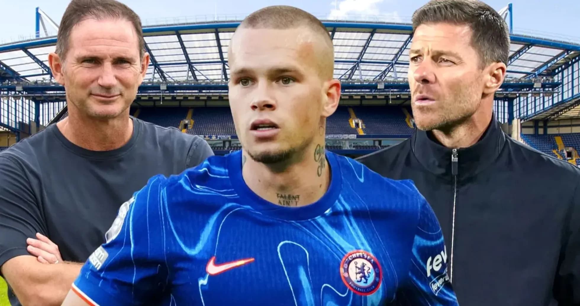 Trois hommes au stade de Chelsea, en tenue sportive Trois hommes au stade de Chelsea, en tenue sportive
